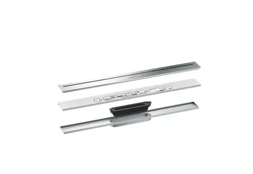 Duschrinne aus Chrom mit mehreren Komponenten, darunter eine Abdeckung und eine Auffangschale. Das Design ist schlicht und funktional, hergestellt von AXOR.